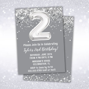Grey Silver 2nd Birthday Party Invitation