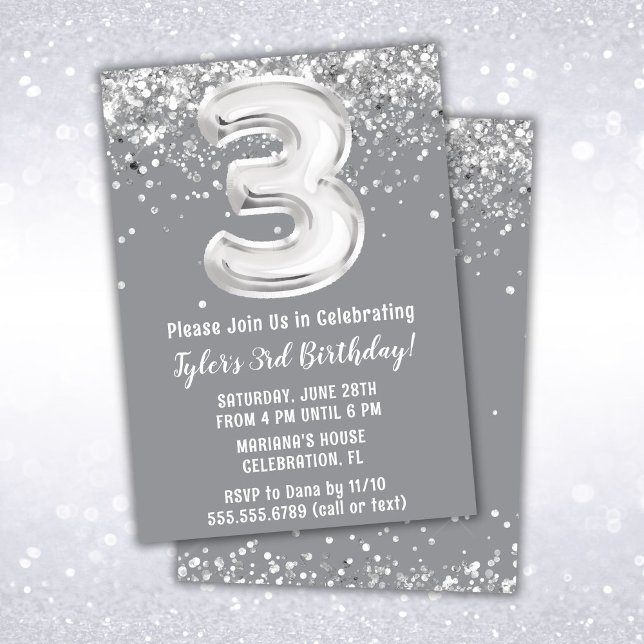 Grey Silver 3rd Birthday Party Invitation (Creator Uploaded)