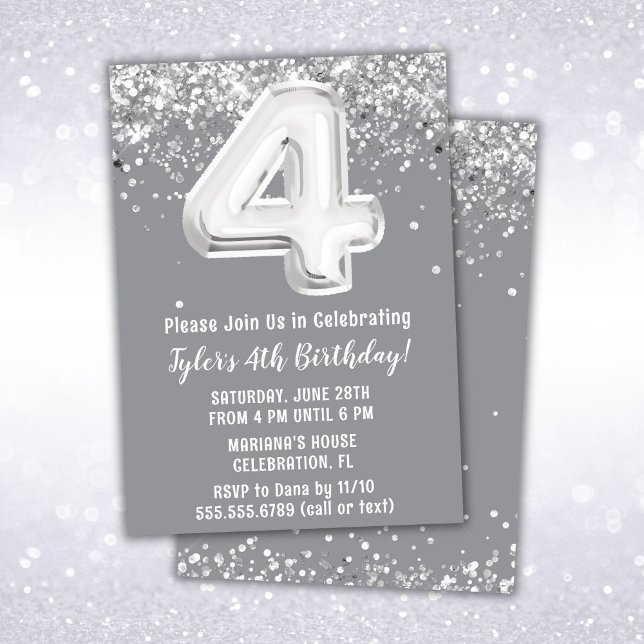 Grey Silver 4th Birthday Party Invitation (Creator Uploaded)