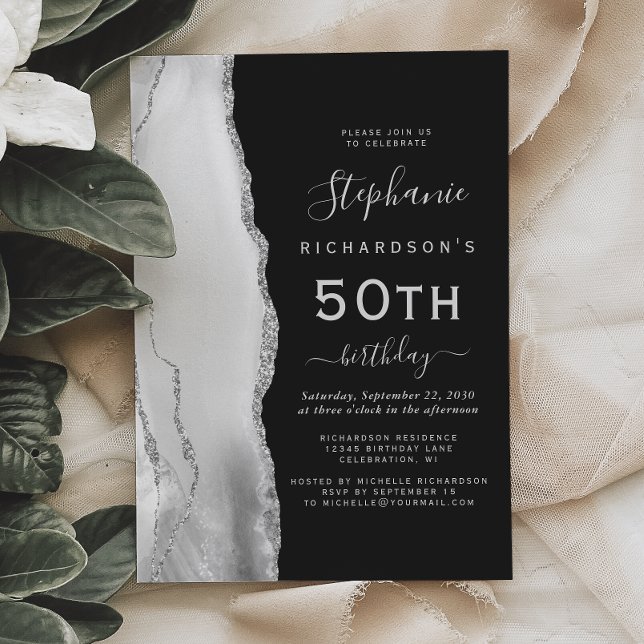 Grey Silver Agate Dark 50th Birthday Invitation (Creator Uploaded)
