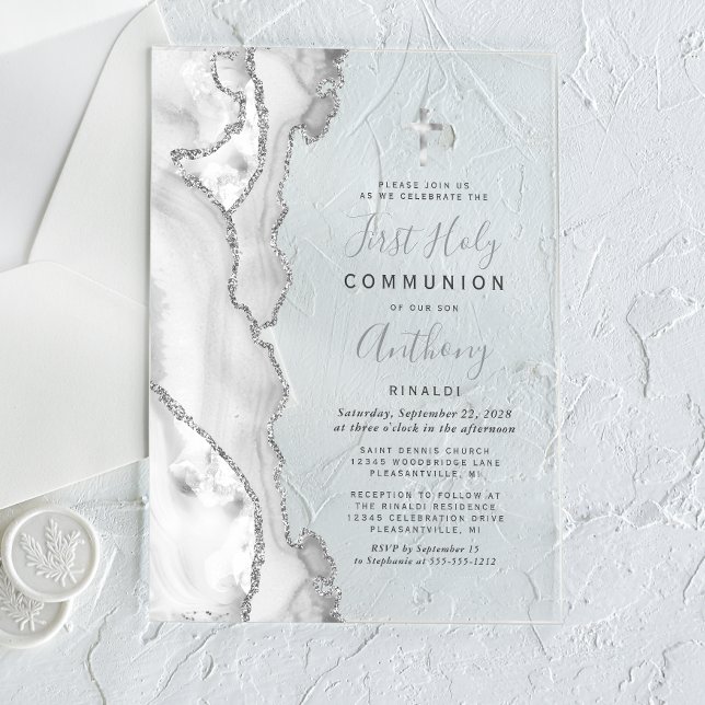 Grey Silver Agate First Holy Communion Acrylic Invitations (Creator Uploaded)