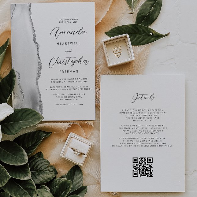Grey Silver Agate QR Code Wedding Invitation (Creator Uploaded)