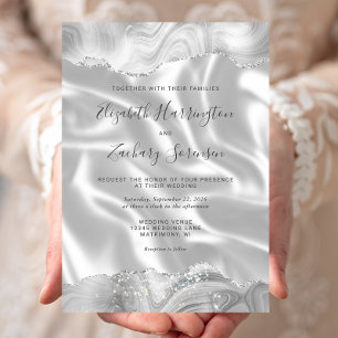 Grey Silver Agate White Silk Wedding Invitation