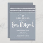 Grey Silver Bar Mitzvah Tallit Simple Modern Bold Invitation<br><div class="desc">Be proud, rejoice and showcase this milestone of your favourite Bar Mitzvah! Send out this cool, unique, modern, personalised invitation for an event to remember. Bold, white script typography, Star of David and a soft grey and silver glitter striped tallit inspired graphic overlay a simple, lighter soft grey background. Personalise...</div>