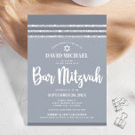 Grey Silver Bar Mitzvah Tallit Simple Modern Bold Invitation<br><div class="desc">Be proud, rejoice and showcase this milestone of your favourite Bar Mitzvah! Send out this cool, unique, modern, personalised invitation for an event to remember. Bold, white script typography, Star of David and a soft grey and silver glitter striped tallit inspired graphic overlay a simple, lighter soft grey background. Personalise...</div>