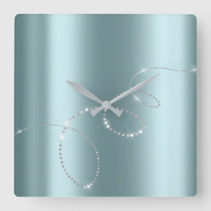 Grey Silver Blue Crystals Infinity Diamonds Square Wall Clock