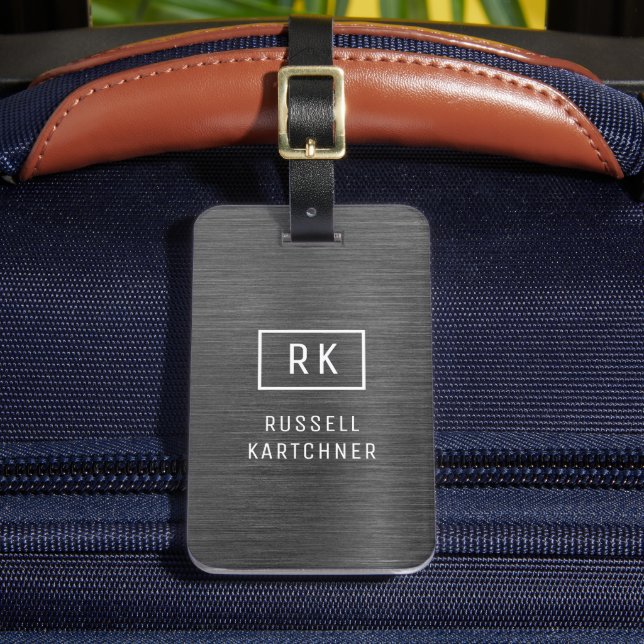 Grey Silver Brushed Metal Modern Monogram Luggage  Tag (Front Insitu 2)