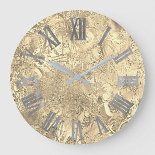 Grey Silver Champaigne Gold Metallic Roman Numbers Large Clock