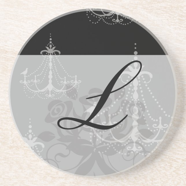 grey silver chandelier damask on black coaster (Front)