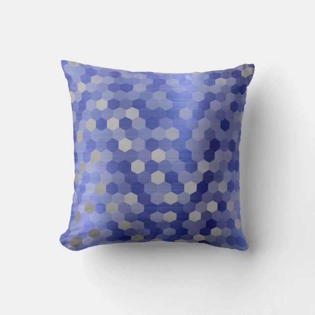 Grey Silver Cobalt Sapphire Blue Hexagon Geometry Cushion (Front)