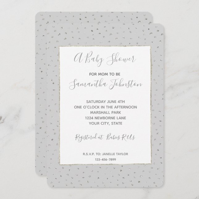 Grey Silver Confetti Baby Shower Invitation (Front/Back)