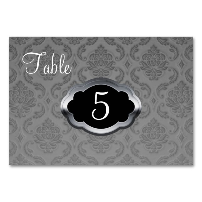Grey Silver Damask Table Number Card (Front)