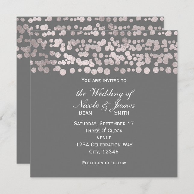 Grey Silver Dots Elegant Glam Wedding Invitations (Front/Back)