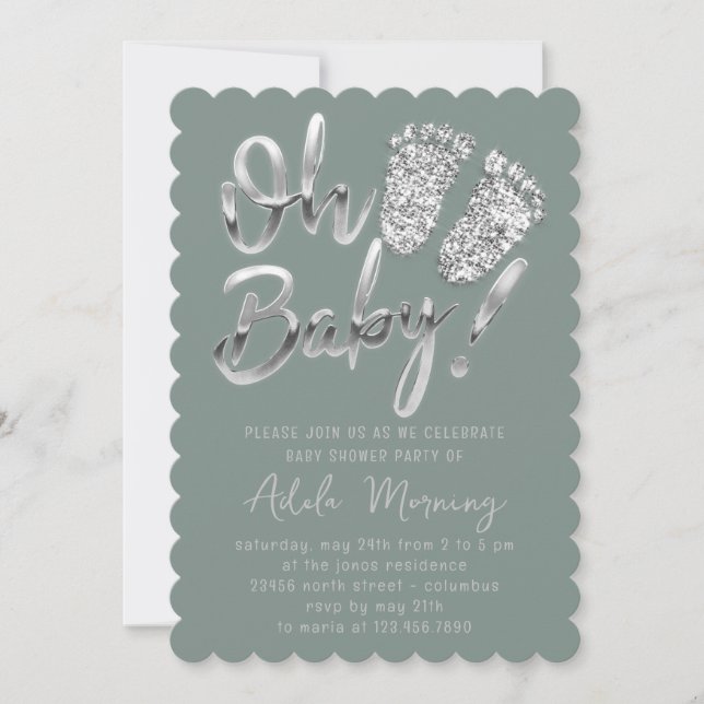 Grey Silver Feet Baby Girl Boy Shower Smoky Green  Invitation (Front)