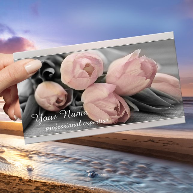 Grey Silver Floral Professional Business Card (Professional business card featuring peach pink tulips on a grey background with a silver lining)