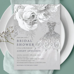 Grey & Silver Floral Wedding Dress Bridal Shower Invitation