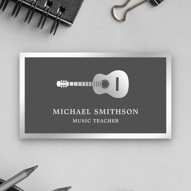 Grey Silver Foil Guitar Music Teacher Guitarist Business Card (Creator Uploaded)