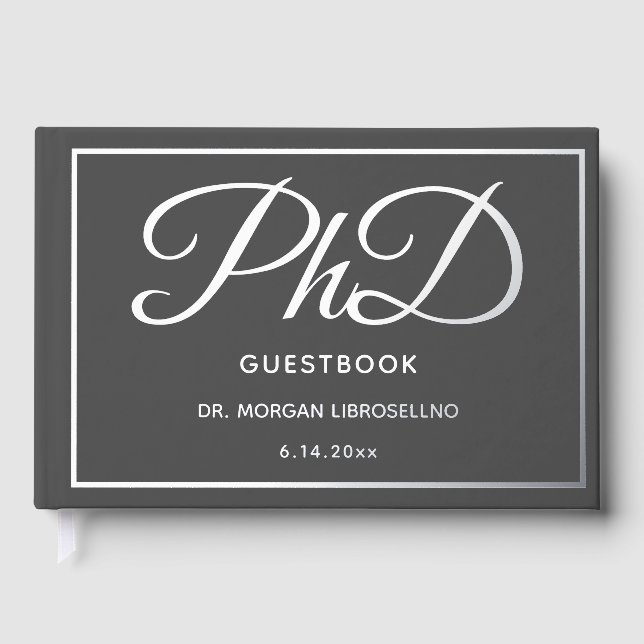 Grey Silver Foil PhD Graduation  Guest Book (Front)