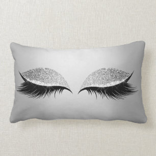 Grey Silver Glitter Black Eyes Glam Makeup Lashes Lumbar Cushion