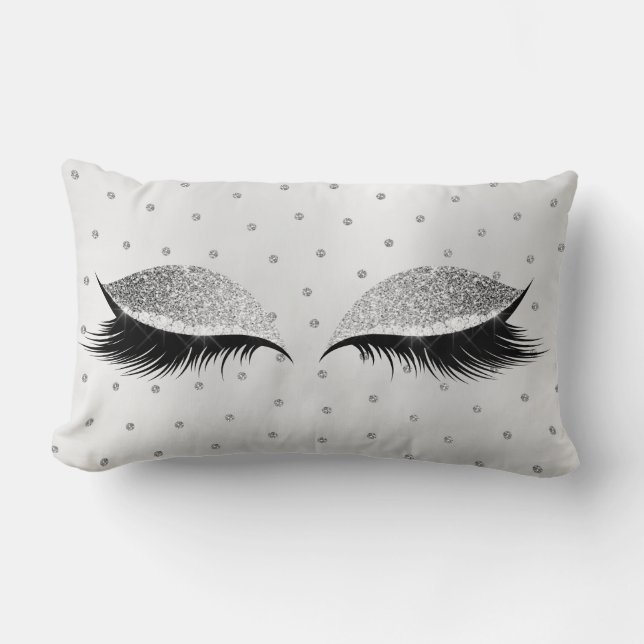 Grey Silver Glitter Eyes Makeup Lashes Swarovski Lumbar Cushion (Front)