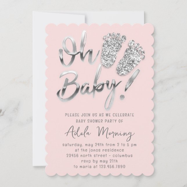 Grey Silver Glitter Feet Baby Girl Boy Pink Pastel Invitation (Front)
