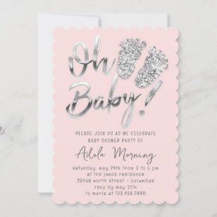 Grey Silver Glitter Feet Baby Girl Boy Pink Pastel Invitation