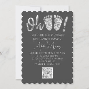 Grey Silver Glitter Feet Baby Girl Boy QRCODE Grey Invitation