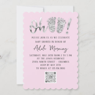 Grey Silver Glitter Feet Baby Girl QR CODE Pink Invitation