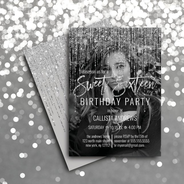 Grey Silver Glitter Fringe Photo Sweet 16 Invitation (Creator Uploaded)