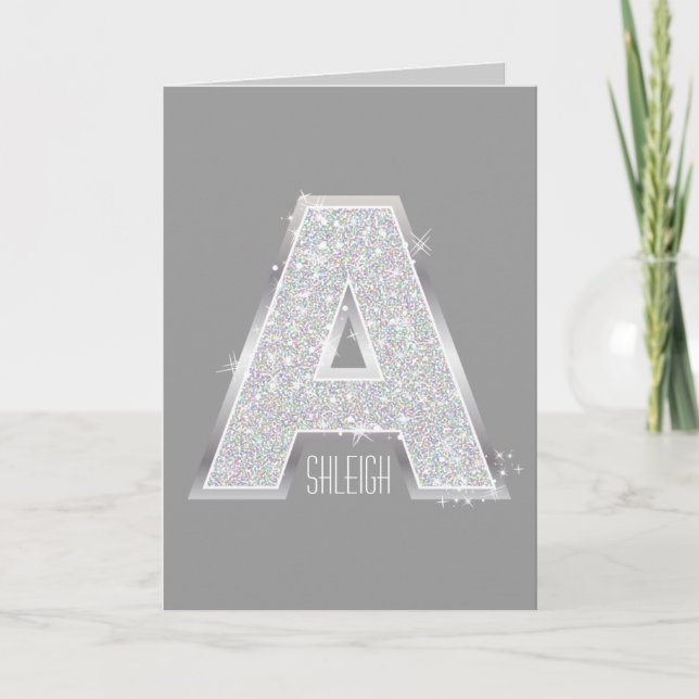 Grey Silver Glitter Letter A Note Card (Front)