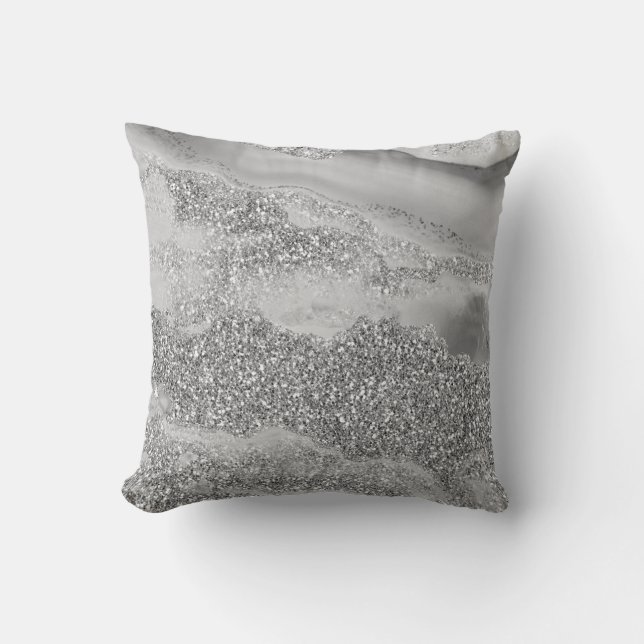 Grey Silver Glitter Luxury Agate Geode Cushion (Front)