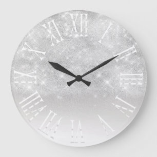 Grey Silver Glitter Ombre White Spark Princess Large Clock