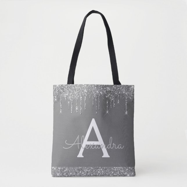 Grey Silver Glitter Sparkle Elegant Monogram Tote Bag (Front)