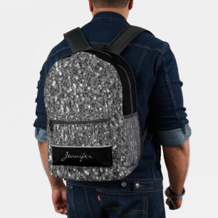 Grey silver glitters sparkles black Custom name Printed Backpack