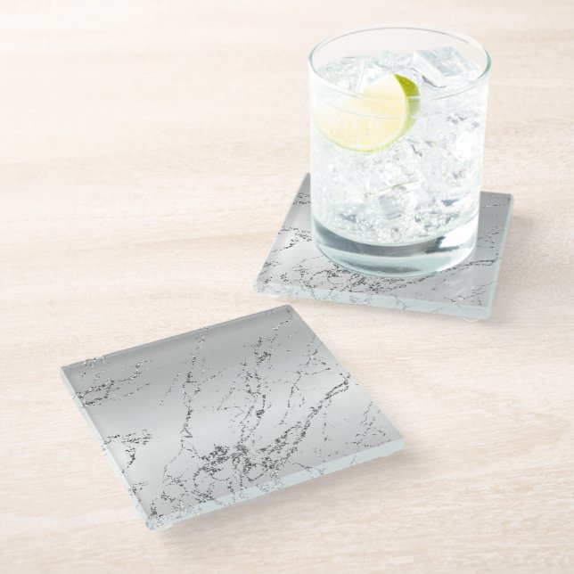 Grey Silver Glitzy Faux Glitter Glass Coaster (Angled)