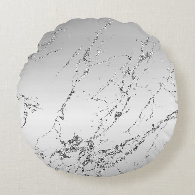 Grey Silver Glitzy Faux Glitter Round Cushion (Front)
