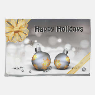 Grey Silver Gold Holiday Baubles Tea Towel
