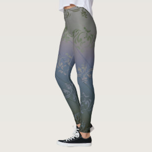 Grey Silver Gradient Striped Floral Leaf Pattern Leggings