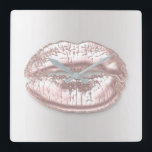 Grey Silver Kiss Lips Pink Rose Gold Metal Makeup Square Wall Clock<br><div class="desc">Unique minimal and decorative 
You can change the shape and colour of the hand.
florenceK design</div>