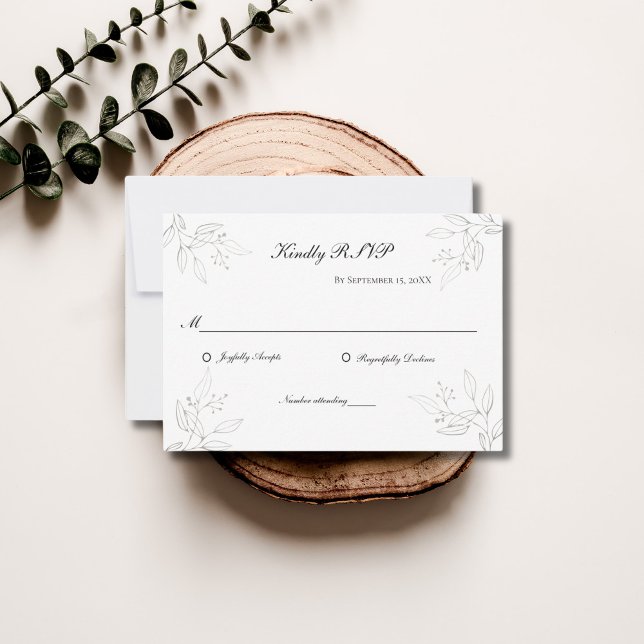 Grey Silver Leaves Minimalist Wedding  RSVP Card (Silver Gray Leaves Botanical Wedding RSVP card)
