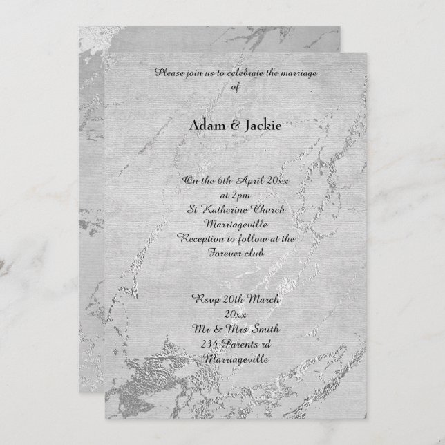 Grey Silver Marble Print Simple Wedding Invitation (Front/Back)