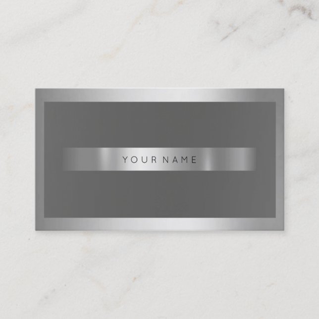 Grey Silver Metallic Frame Minimal Monochromatic Business Card (Front)