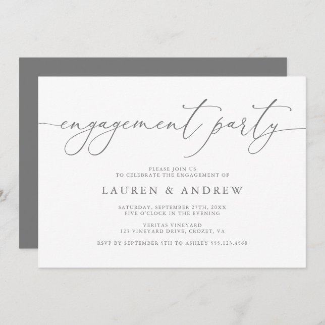 Grey Silver Minimalist Engagement Party Invitation (Front/Back)