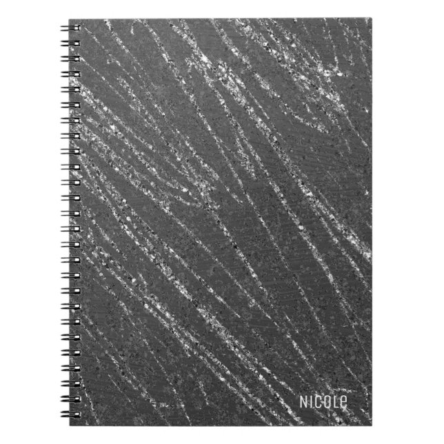 Grey & Silver Modern Glam Marble Stripe Designer Notebook (Front)
