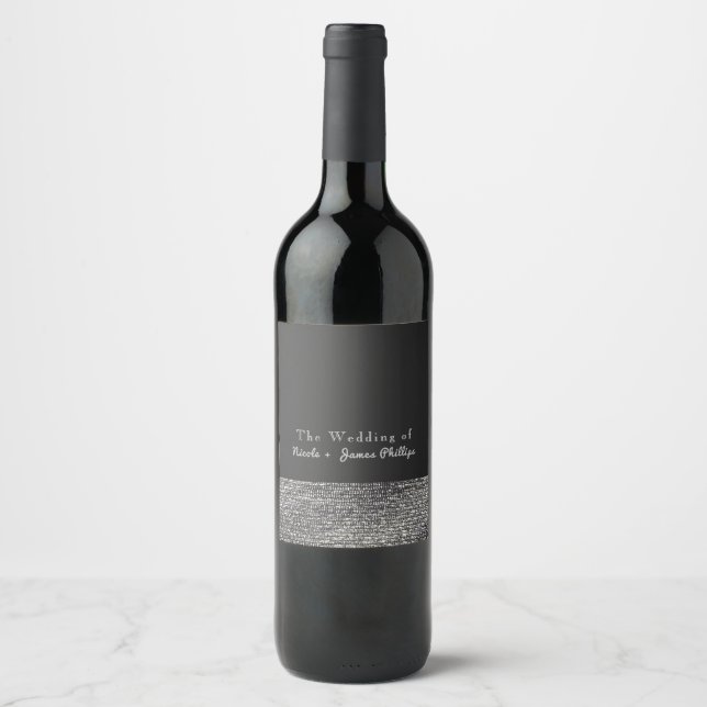 Grey & Silver Modern Glam Sequins Chic Wine Labels (Front)