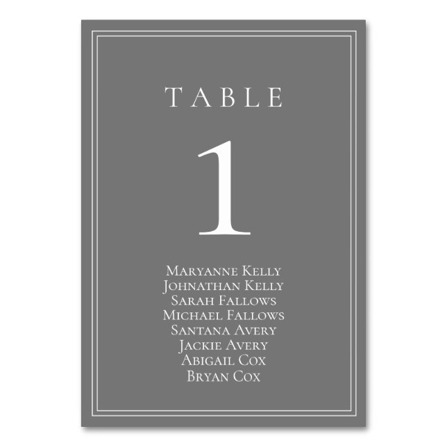 Grey Silver Modern Table Number with Seating Chart (Front)