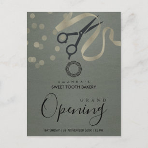 GREY SILVER RIBBON CUTTING GRAND OPENING INVITE POSTCARD