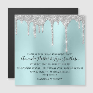 Grey Silver Spark Drips Bridal Wedding Aqua Magnetic Invitation
