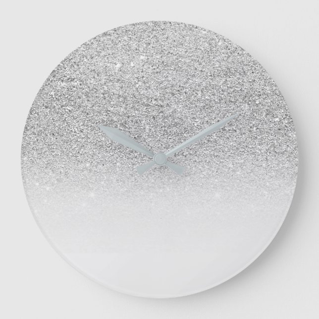Grey Silver Sparkl Ombre Minimal Monochromatic Large Clock (Front)