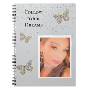 Grey Silver Sparkle Butterflies Your Photo  Notebook